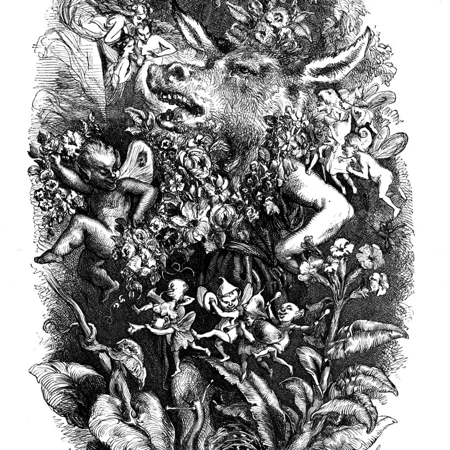 Victorian engraving of Bottom with an ass's head, crowned with flowers and surrounded by dancing fairies and foliage