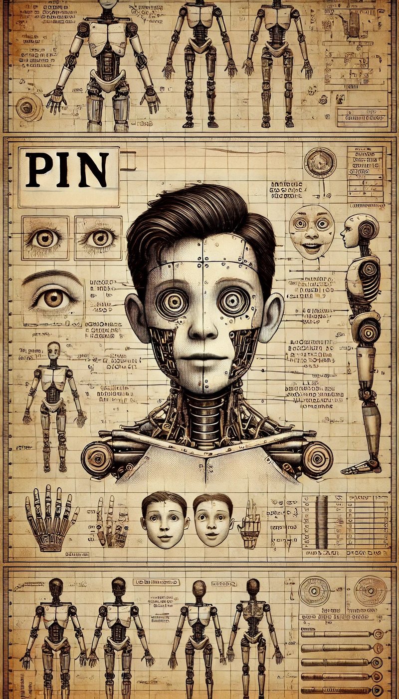 PIN artwork: a sepia blueprint of a robot boy with a human face, surrounded by technical drawings